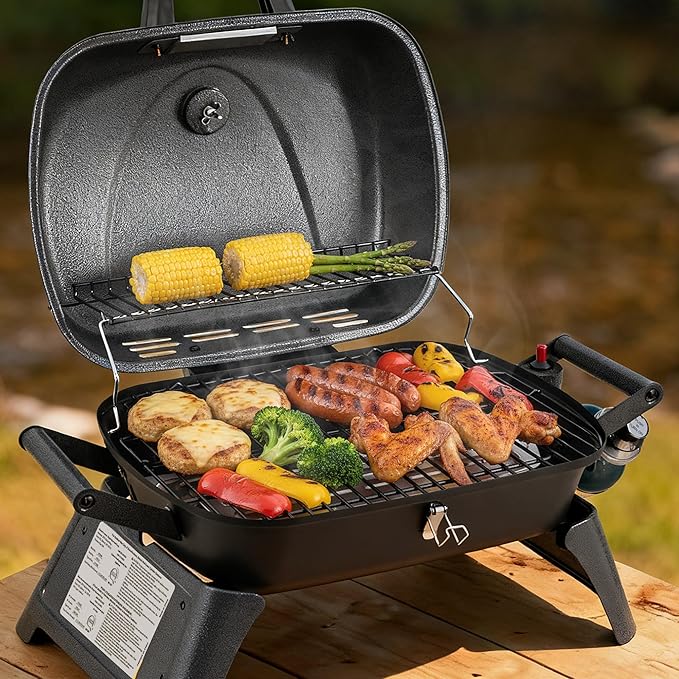 Royal Gourmet GT2006 Portable Tabletop Gas Grill, 12,000 BTU Output for Outdoor Camping, Foldable Legs, Piezo Ignition, Built-in Thermometer, for Tailgates and Camping Trips, Dark Gray