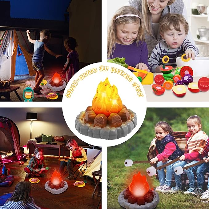 MITCIEN Camping Toys Play Set, Pretend Campfire, Play Food for Kids with Oil Lantern, Pretend Fruits Vegetables Cutting, S'Mores, Indoor Outdoor Toys for Toddler