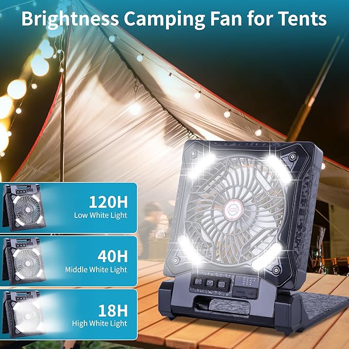 WESTTREE Solar Fan Battery Powered Rechargeable Solar Camping Fan with Led Lantern & Power Bank Foldable Angle USB Personal Fans for Travel Outdoor Camping Tents X98 Black