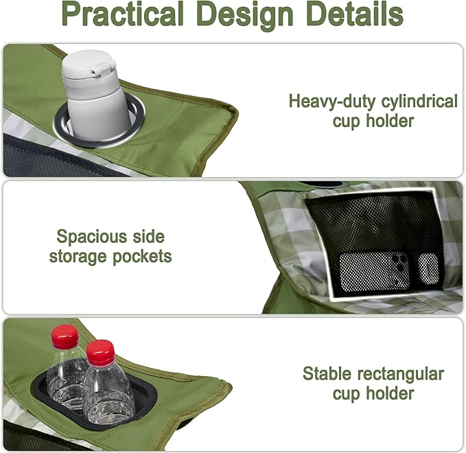 Youtanic Padded Camping Chairs for Adults, Heavy Duty 400 lbs Foldable Lawn Chair, Oversized Ergonomic Outdoor Seat with Classic Plaid Design, Cup Holders & Storage Pockets for Fishing, Sports, Green