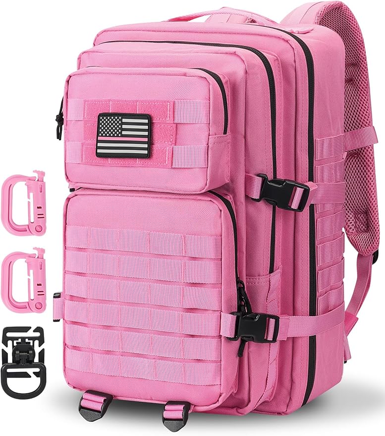 Hannibal Tactical MOLLE Assault Backpack, Tactical Backpack Military Army Camping Rucksack, 3-Day Pack Trip w/USA Flag Patch, D-Rings, Pink