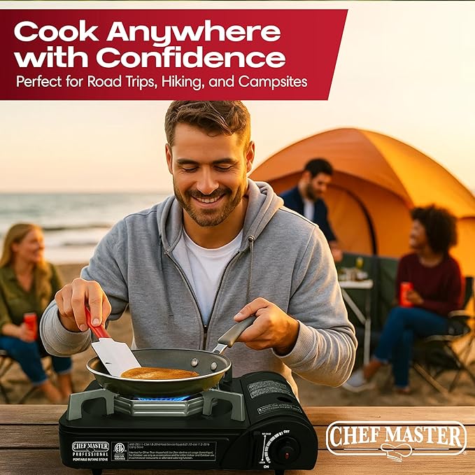 Portable Butane Camping Stove COMBO, Piezo Ignition Wind-Guard 7,650 BTU Portable Stove Burner w/ 4 x 8oz. Butane Fuel Canister for Emergencies, Hiking & Outdoor Camping Essential by Chef Master 90027