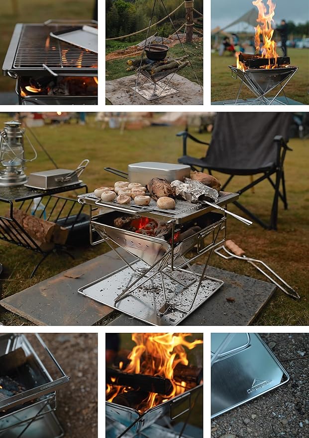 CAMPINGMOON 3 in 1 Portable Fire Pit 12 inch Foldable Stainless Steel Wood Burning Camping Stove BBQ Grill for 3 People Adjustable Height Outdoor Cooking Campfire Carry Bag included MT-035