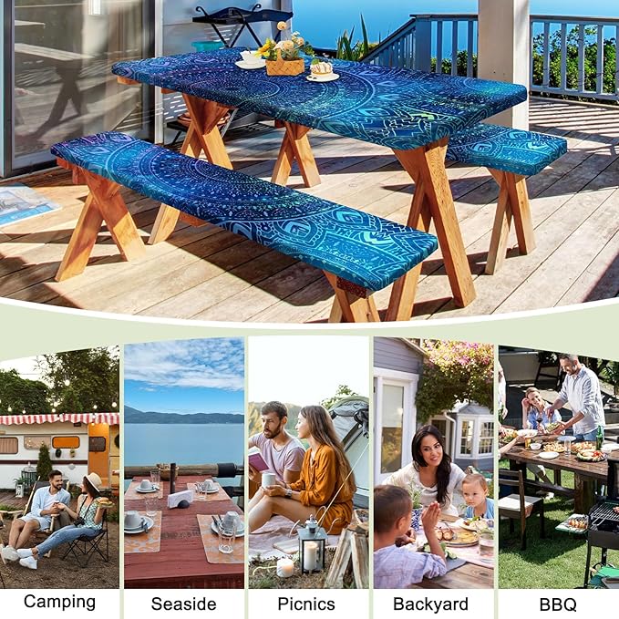 Picnic Table Cover with Bench Covers Portable Table Cloth Built-in Storage Pocket Fitted Tablecloth with Elastic Edges Waterproof Camping Essentials for Indoor Outdoor Rv,72in,Blue Purple
