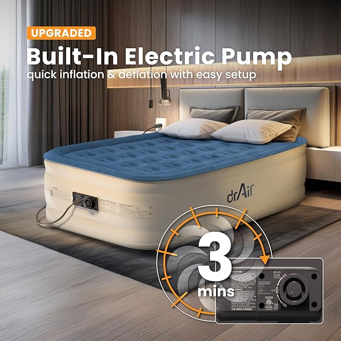 Dr. air Full Air Mattress with Built-in Pump, 18" Raised Blow Up Mattress, 600 lbs Max Honeycomb Air Bed, 48Hr Leak-Proof Test, 3min Inflatable Mattress for Home, Guests, Camping, Colchones inflables