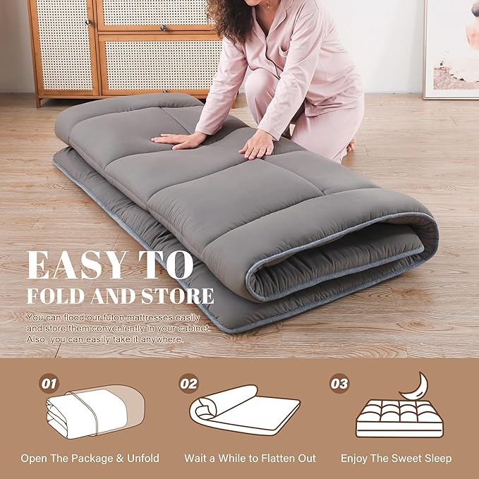 WhatsBedding Japanese Floor Mattress Futon Mattress 3" Grey Tatami Mat Shredded Memory Foam Filled Sleeping Pad, Foldable & Portable Roll Up Lounger Camping Bed for Kids and Adult,Full Size 54"x 80"