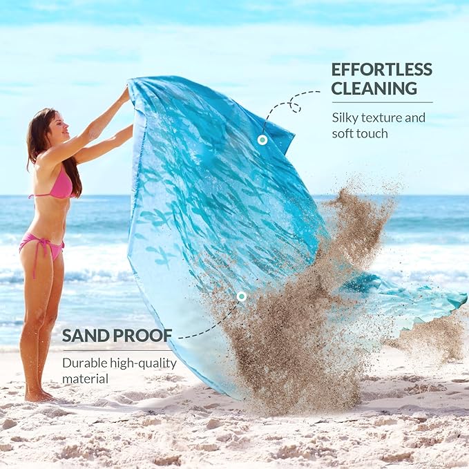 Beach Blanket, Waterproof Sandproof Beach Mat with Stakes and Inflatable Camping Pillow, 79" X 83" Quick Drying Lightweight & Durable Outdoor Picnic Mat with 4 Corner Pockets for Beach Camping