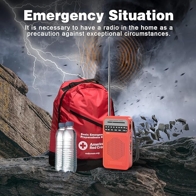 Portable Radio AM FM with Long Range Reception, Goodes Transistor Radio with Loud Speaker, 2AA Battery Operated, Headphone Jack for Indoor, Outdoor and Emergency Use-Red