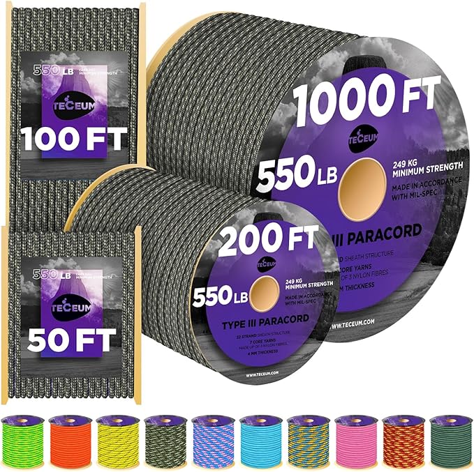 TECEUM Reflective Paracord Rope 1000 – 1000ft/200ft/100ft/50ft – 40+ Colors – Glow in The Dark – para Cord – Utility Rope for Survival, Hunting & Camping Gear – Nylon String, Camping Rope, Tent Cord
