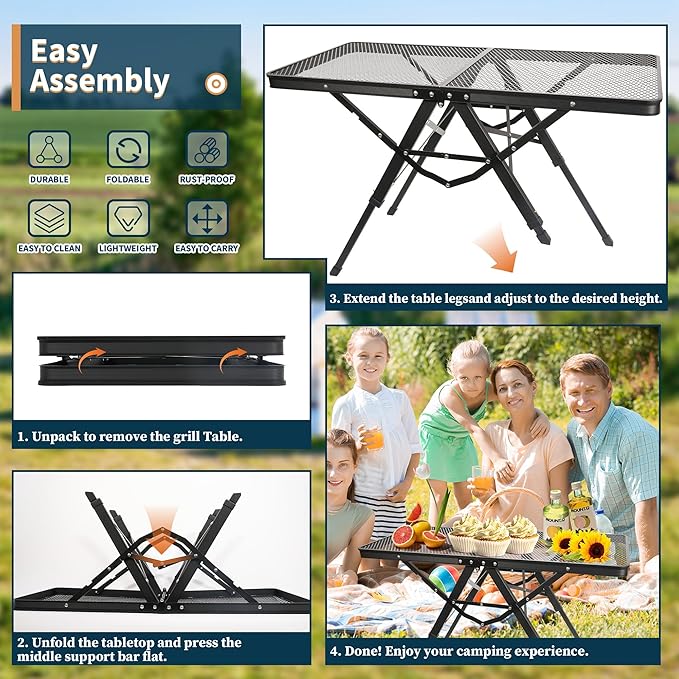 HPC DECOR Grill Table with Mesh Desktop,200lbs 3Ft Portable Folding Table,Camping Table,Picnic Table,Height Adjustable Metal Table for Ourdoor, Camping, Picnic, BBQ and Beach, RV, 35.4" L x 23.6" W