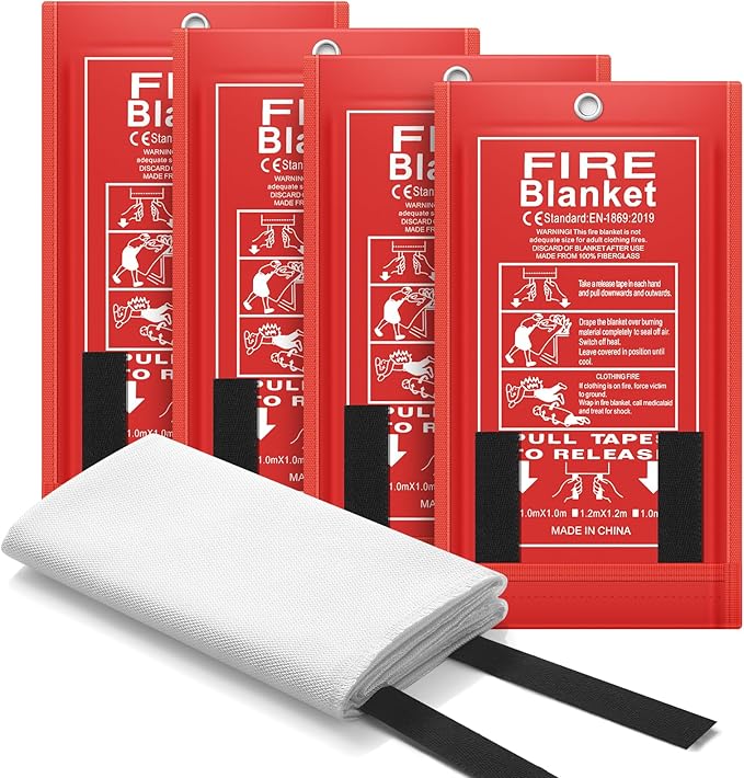 FLASLD 4 Pack Fire Blanket for Home and Kitchen, 40x40 Inch Fiberglass Fire Blankets Emergency for People, Fire Suppression Blankets for School Fireplace Grill Car Office Garage Welding Warehouse