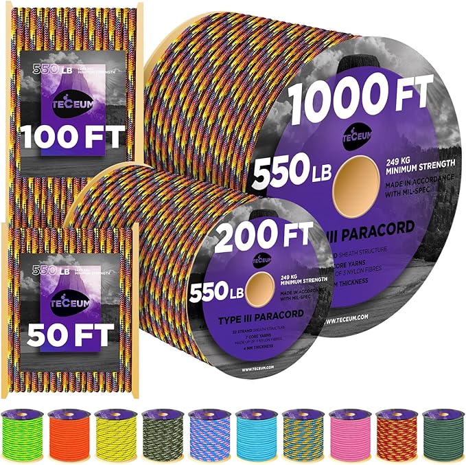 TECEUM Reflective Paracord Rope 1000 – 1000ft/200ft/100ft/50ft – 40+ Colors – Glow in The Dark – para Cord – Utility Rope for Survival, Hunting & Camping Gear – Nylon String, Camping Rope, Tent Cord