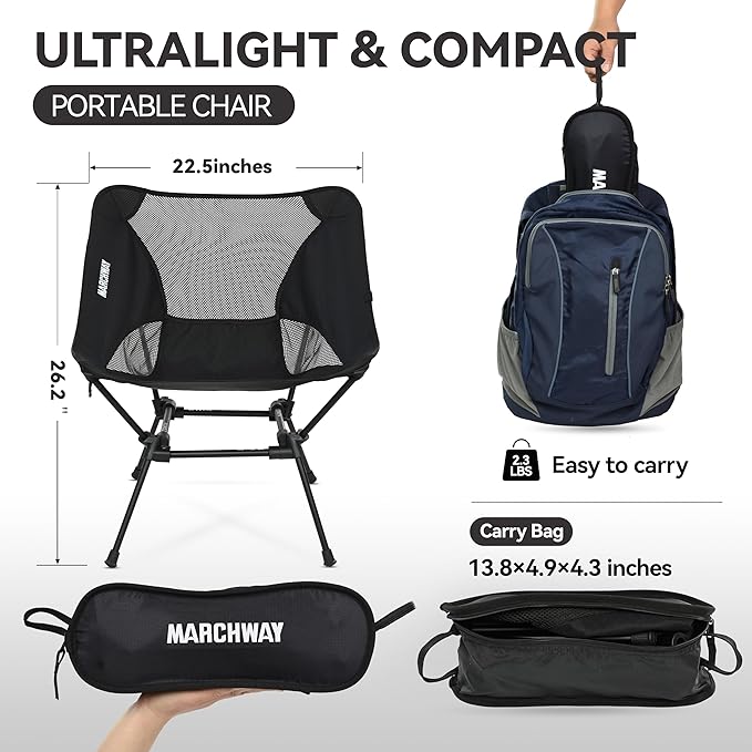 MARCHWAY Ultralight Folding Camping Chair, Heavy Duty Portable Compact for Outdoor Camp, Travel, Beach, Picnic, Festival, Hiking, Lightweight Backpacking (Black)