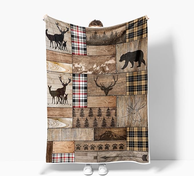 Torich Rustic Farmhouse Throw Blankets, Cabin Hunting Deer Bear Sports Cozy Warm Bed Couch Blanket, Country Wooden Hunting Camping Forest White Fleece Flannel Throws to Decorate The Room and Bedroom