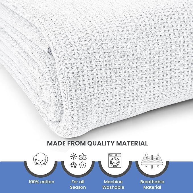 Linteum Textile Supply White Hospital Thermal Blanket 66x90 Inch 100% Cotton, Soft and Cozy, Breathable, Open-Cell Weave Design, All Season Twin Hospital Blanket (4-Pack)