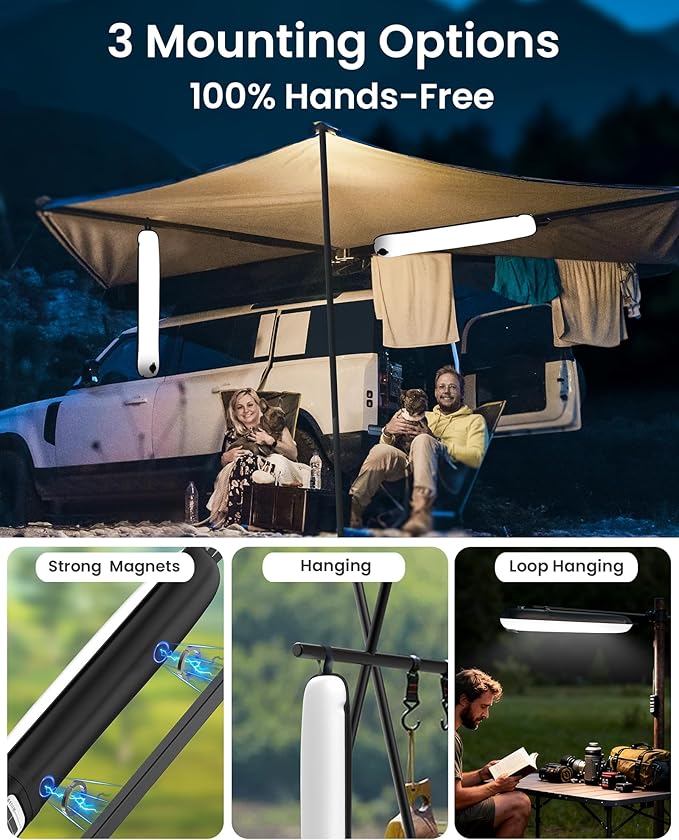24" Inflatable Solar Camping Lantern, Magnetic LED Tube Light with USB-C 2000mAh Power Bank, IP66 Waterproof TPU Tent Light for Hurricane Emergency, Backpacking & Off-Grid Survival (Black)