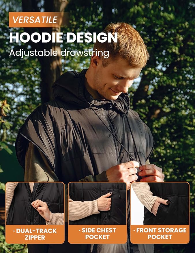 Adult Wearable Sleeping Bag with Hoodie, Sleeveless Design Adjustable Drawstring Waterproof Wearable Sleeping Bag Ideal for Camping, Cold Weather
