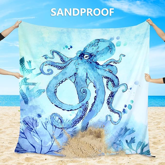 HIHOHO Beach Blanket Waterproof Sandproof Beach Mat for 1-8 Adults Quick Drying Durable Outdoor Picnic Mat for Beach Festival Travel Camping Hiking (BL-Octopus, 79"×83"(4 Person))
