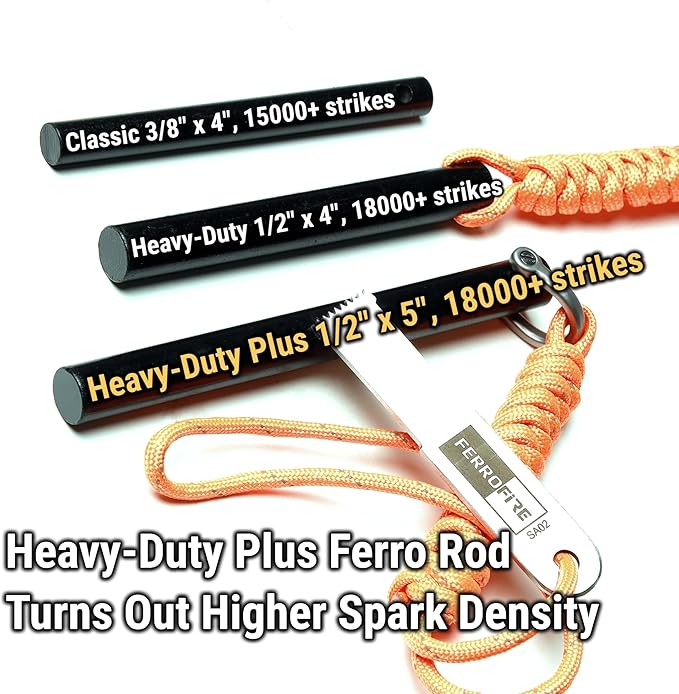 FS125 Heavy-Duty Plus Fire Starter - 1/2 Inch Thick x 5 Inch Long Ferrocerium Rod with Magnesium, Superb Carbon Alloy Steel Striker & 550 Paracord for Camping, Survival, Emergency Kits