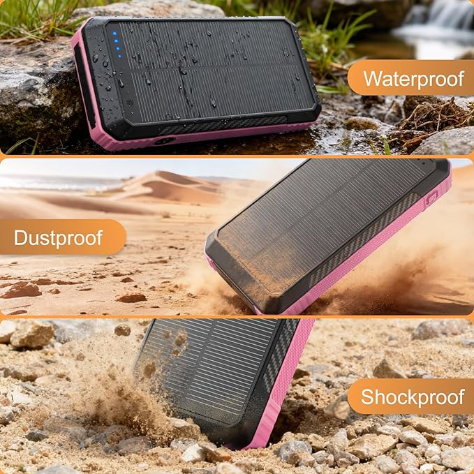 Solar Power Bank 33800mAh with Super Bright LED Flashlight, Built-in 4 Cables & Wireless Charging, Portable Charger with Compass, 7 Outputs & 4 Inputs for Camping/Hiking