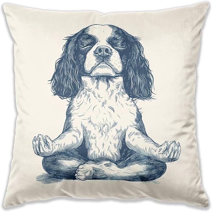 Vintage Yoga Cavalier King Charles Spaniel Pillow Cover 18x18, King Charles Cavalier Gifts, Dog Meditation Decorative Throw Pillow Cover for Meditation Zen Room Yoga Studio Home