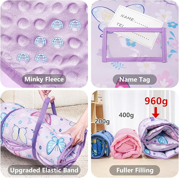 Primlect Toddler Nap Mat Extra Large Thickened 55''x35'', Soft Sleeping Bag with Detachable Minky Blanket and Pillow, Portable for Daycare, Preschool, Kindergarten, Travel, Boys and Girls