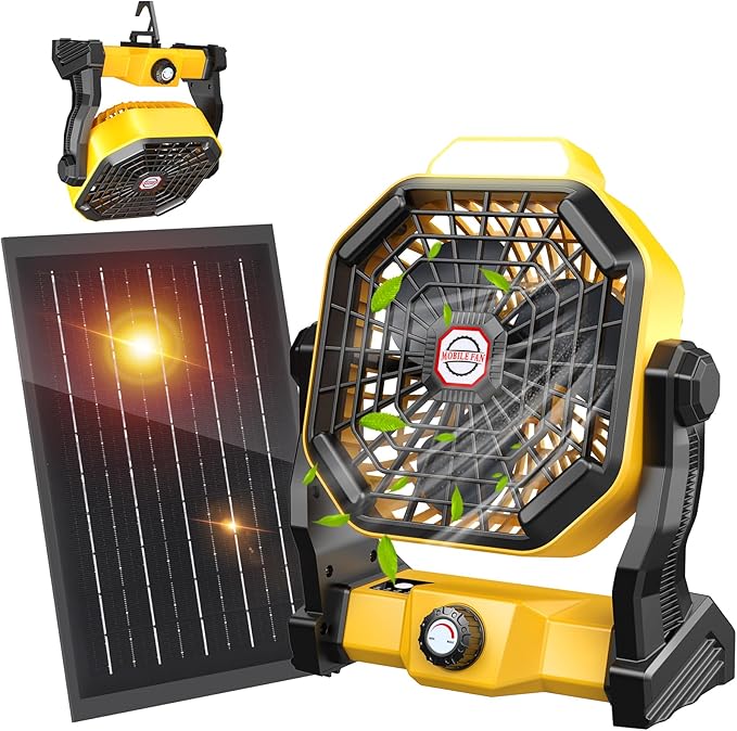 JINLICTE 10400mAh Solar Fan with LED Lantern, Camping Fan with 7W Solar Panel, Rechargeable Solar Powered for Outside, Quiet Battery Operated Tent for Picnic, Barbecue, Fishing, Travel