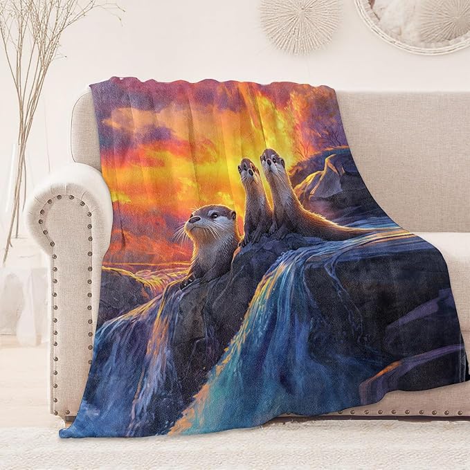 Sunset Otter Waterfall Blanket, Cozy Flannel Cute Otters Throw Blanket, Soft Fuzzy Blankets for Travel Home Decor, All Season Lightweight Couch Bed Cover, Gifts for Women Adults Kids 50"×60"
