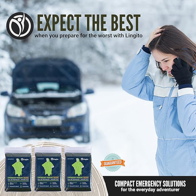 Lingito Rain Ponchos Family Pack - Emergency Drawstring Hood Poncho for Children & Adults Lightweight Reusable or Disposable