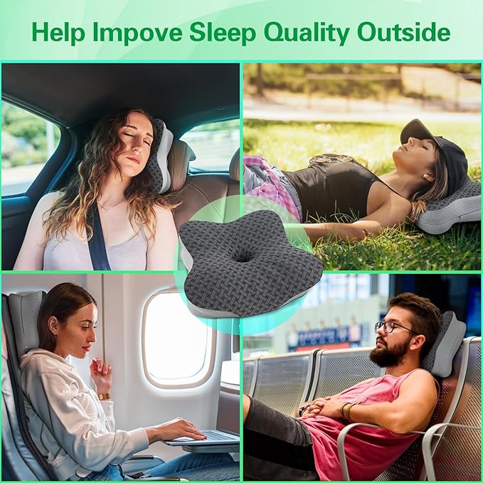 SAHEYER Travel Pillow for Sleeping, Ergonomic Cervical Neck Support Pillows, Lightweight Memory Foam Travel Pillow for Camping, Backpacking, Hammock - with Travel Storage Bag and Cooling Cover, Black