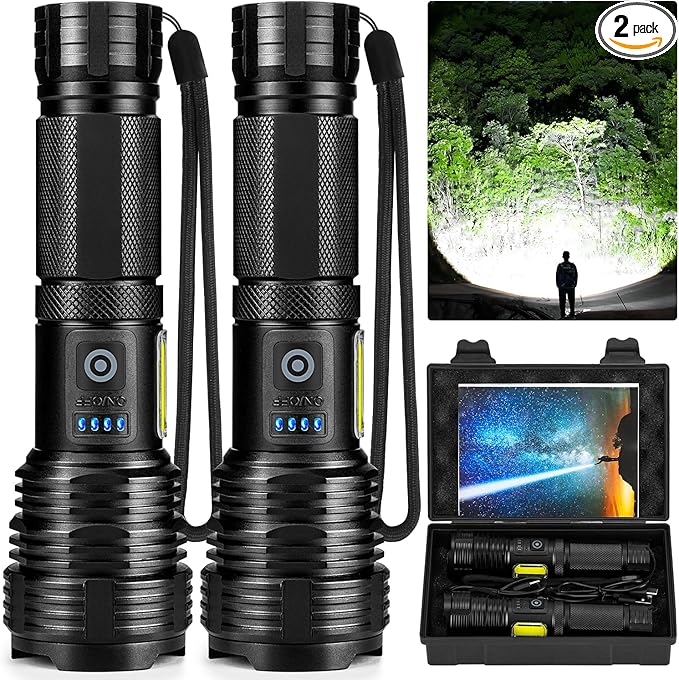 BERCOL Flashlight LED Rechargeable Flashlights High Lumens, 99,000 LM Super Bright Powerful Flashlight, High Powered Flash Lights Waterproof Handheld Flashlights for Home Camping Hiking(2 Pack)