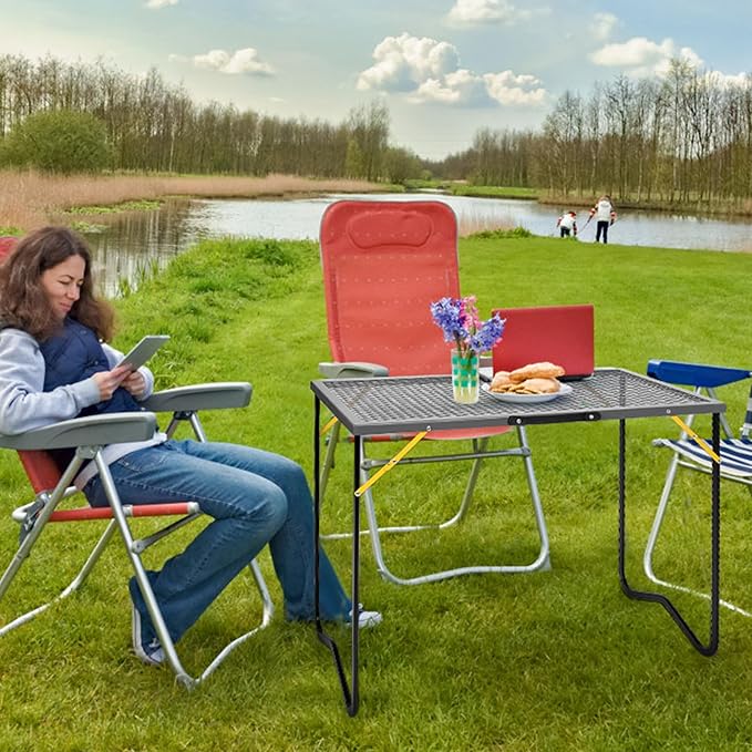 Portable Folding Grill Table, 3ft Outdoor Grill Table with Mesh Tabletop, Metal Grid Table for Camping, Picnic, BBQ, RV