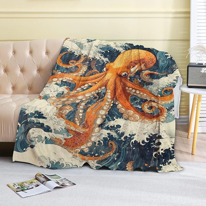 Vintage Octopus Fleece Blanket - 50x60in Retro Ocean Waves Throw Blankets,Soft Cozy Lightweight, Ideal for Living Room Home Rustic Decor and Kids Women Girls Beach Gifts