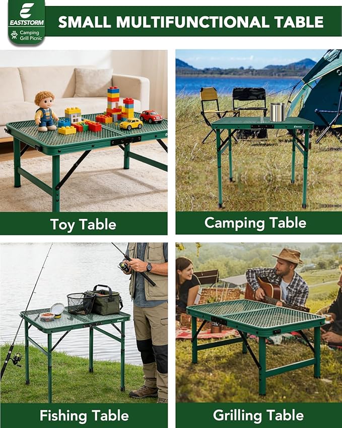 Small 2ft Folding Table with Carry Handle, Adjustable Height 10.6" or 22", Green Metal Mesh, Portable & Compact Indoor/Apartment/Card/Side/Grill Table, 23.6"Lx15.8"W, Lightweight 4 lb, 66 lb Capacity