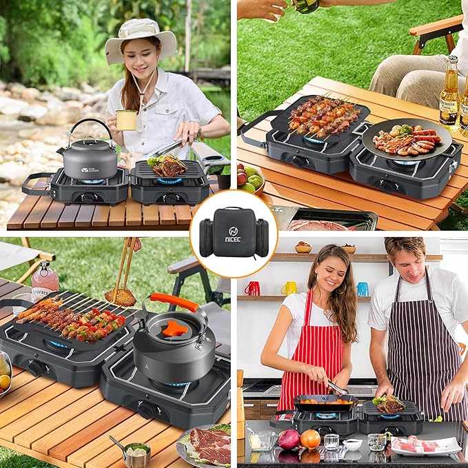 Nice C Camping Stove, Portable Camping Stove Propane, 2 Burner Propane Gas Stove, Mini Propane Grill, 16000 BTU Camp Stove with 2 Burner, Grill & Carry Bag for Camping