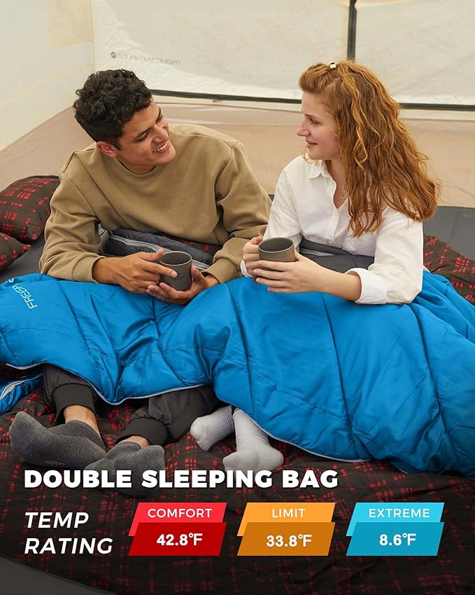 KingCamp Double Sleeping Bag for Adults, Queen Size 2 Person XXL Flannel Sleeping Bag, Waterproof Lightweight Flannel Quilt with 2 Pillows, Perfect for Couples Family Camping Hiking
