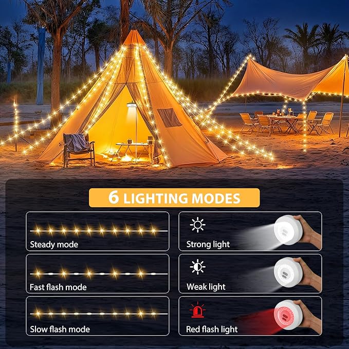 2Pack Camping String Lights, 4 in 1 Quick Storage Camping Essentials Gear 32.8FT Rechargeable Tent Lights with 6 Modes Hanging Waterproof LED Camp Lamp for Camping Hiking Patio Festival- Warm White