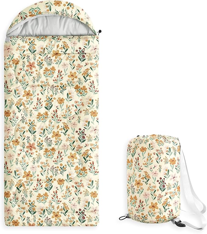 Wake In Cloud - Kids Sleeping Bag for Girls Toddlers, Camping in Warm Cold Weather, Backpacking Lightweight Compact Outdoor Liner for 3 Seasons Summer Spring Fall, Flowers Orange Cream