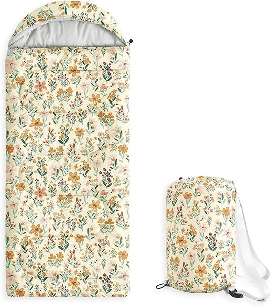 Wake In Cloud - Kids Sleeping Bag for Girls Toddlers, Camping in Warm Cold Weather, Backpacking Lightweight Compact Outdoor Liner for 3 Seasons Summer Spring Fall, Flowers Orange Cream