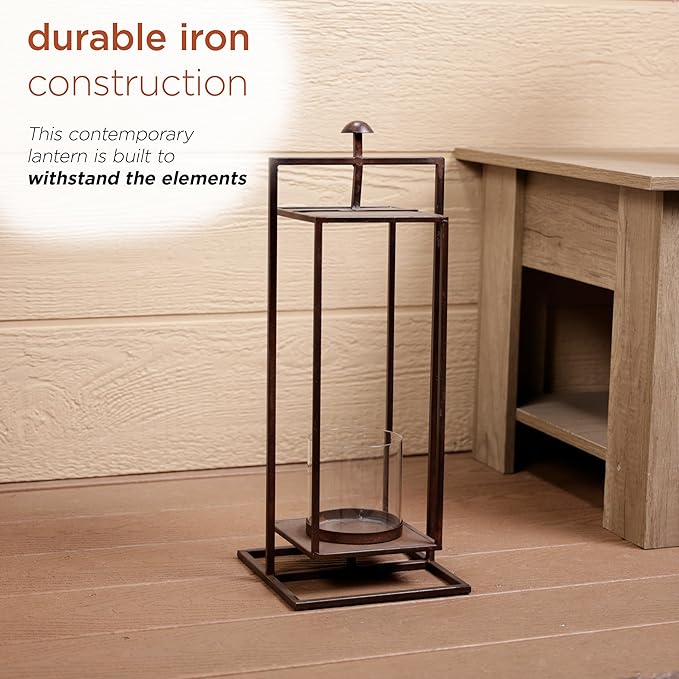 Alpine Corporation 19" Small Rectangular Lantern with Glass Candle Holder , Outdoor Lantern for Patio, Porch, or Deck Décor, Bronze