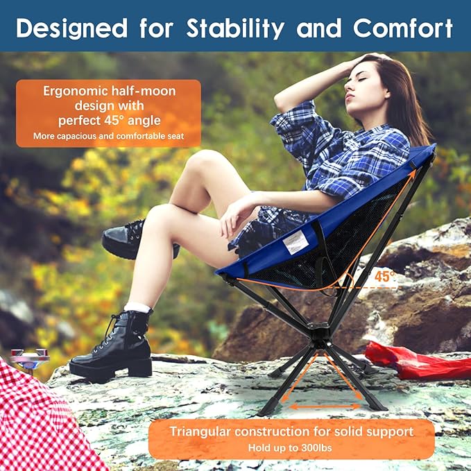 Raynesys Portable Camping Chair 1 Pack, 8 Seconds Quick Setup Folding Camping Chair, Flexible 360° Rotation, 3.8Lb Lightweight Travel Chairs for Easy Carry to Hiking, Sporting, Beach, Blue
