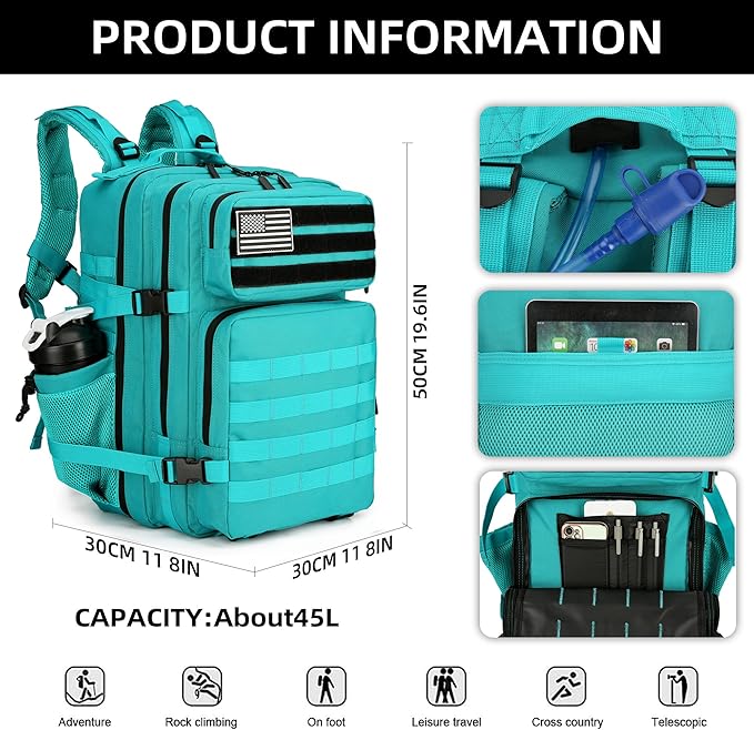 Lovelinks21 45L Tactical Assault Backpack 3 day assault pack with Molle Waterproof backpack Rucksack for Tactical Backpacks (Lake Blue)