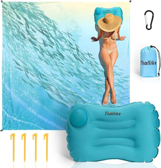 Beach Blanket, Waterproof Sandproof Beach Mat with Stakes and Inflatable Camping Pillow, 79" X 83" Quick Drying Lightweight & Durable Outdoor Picnic Mat with 4 Corner Pockets for Beach Camping