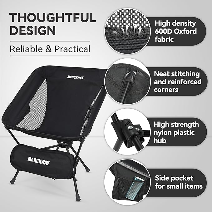 MARCHWAY Lightweight Folding Camping Chair, Portable Foldable Compact for Outdoor Camp, Travel, Beach, Picnic, Festival, Hiking, Backpacking, Supports 330Lbs (Black)