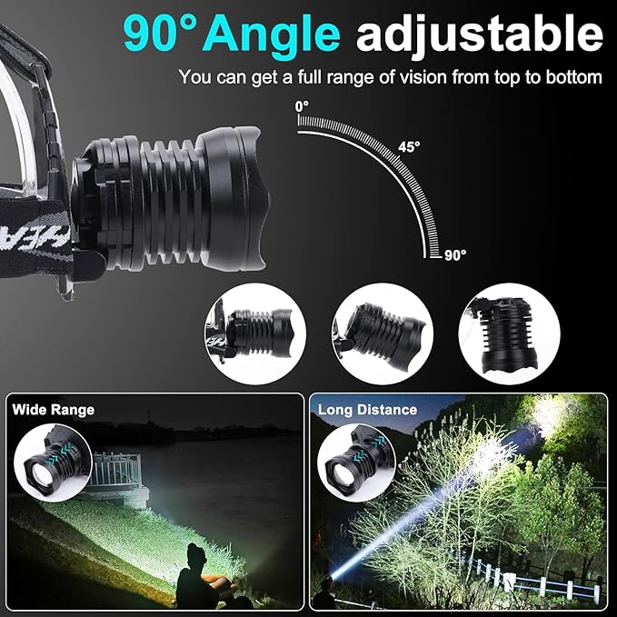 Rechargeable Headlamp, 3000 Lumens Head Lamps Led Rechargeable Headlights with 10 Modes, 90° Adjustable Bright Headlamps for Adults, IPX7 Waterproof Head Lights for Fishing Camping