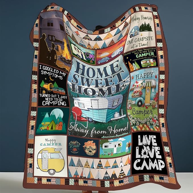 Camping Blanket Soft Warm Plush Throw Blanket Happy Camper RV Gifts for Camper Lover Cozy Lightweight Flannel Fleece Bedding Stuff Decor Blanket for Girls Kids Adults Women 50"x60"