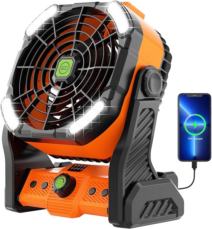 Camping Fan with LED Lantern, Portable Battery Powered Fan Rechargeable for Outdoor Camping Fans, 270°Head Rotation, Quiet USB Table Fan Battery Operated for Tent Beach Picnic Orange X26