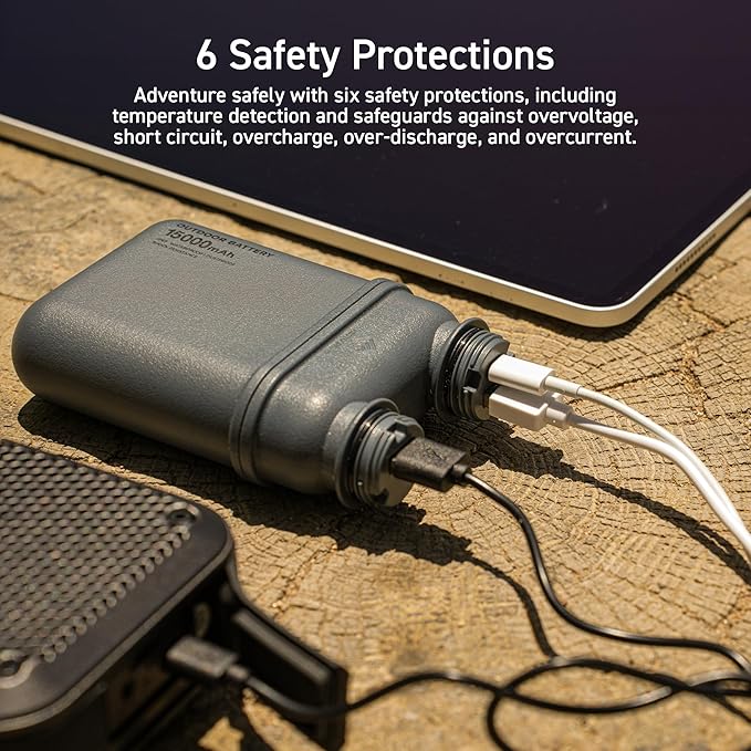 ELECOM NESTOUT Rugged Power Bank, 5000mAh Outdoor Battery Pack, 15W USB C Fast Charging, Waterproof IP67, Durable Shockproof, Tactical Charger for Phone Military EDC Hiking Survival Camping (Mustard)