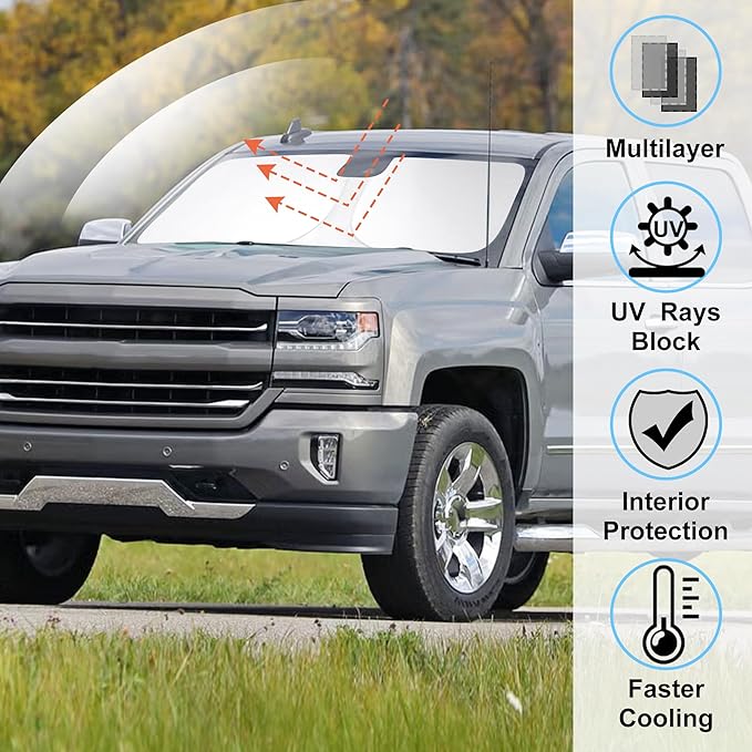 Windshield Sun Shade Custom Fit 2014-2018 2019 Chevrolet Silverado Crewcab Regularcab Extendedcab Accessories Foldable Sunshade Front Window Shades Covers Keep Car Cooler
