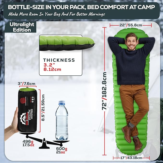 Gear Doctors ApolloAir 5.2 R-Value [17oz] Ultralight Insulated Inflatable Camping Sleeping Pad — Backpacking Sleeping Pad — Camping Mattress Compact Lightweight for Hiking—Air Mattress for Backpacking